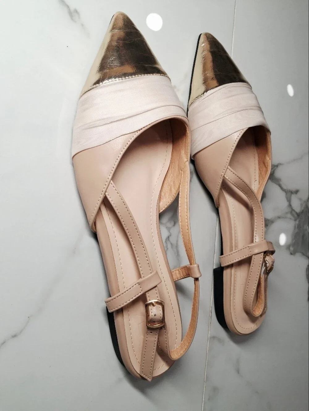 Cuccoo Beige Gold Faux Leather Satin Mesh Ballet Flats Sling Back Pointed Toe 9